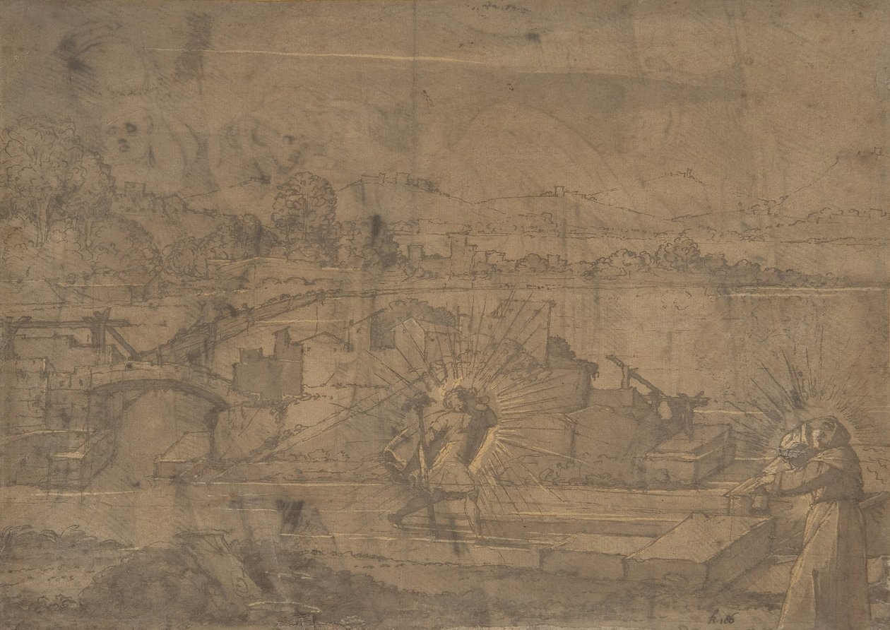 Landscape with Saint Christopher and Male Monastic Saint by Unbekannt