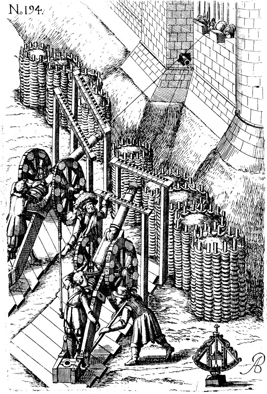 Laying siege canon on target, from Le diverse et artificiose machine by Unbekannt