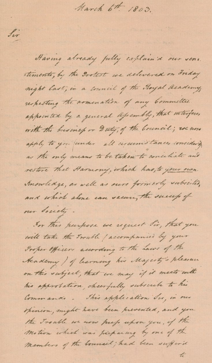 Letter to Benjamin West, President of the Royal Academy by Unbekannt
