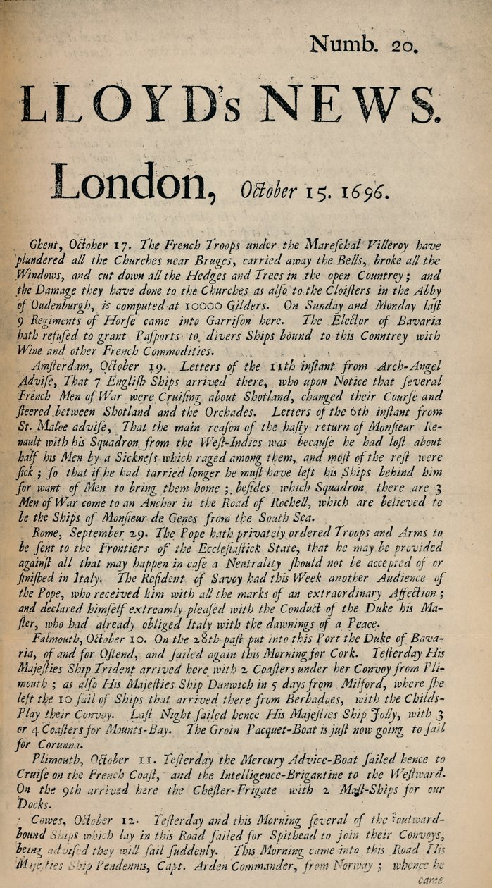 Lloyds News. London, October 15, 1696 by Unbekannt