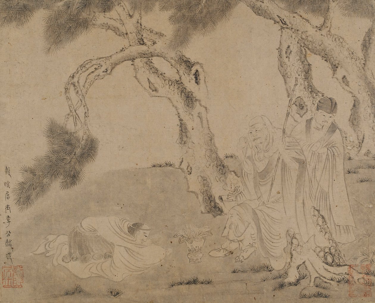 Luohan, Attendant, and Worshipper Under Pines by Unbekannt