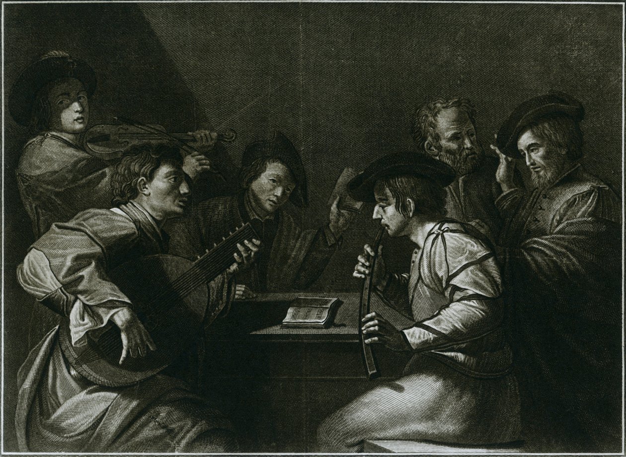 Lute, violin and black curved zink, Italian engraving of the year 1784, 1948 by Unbekannt