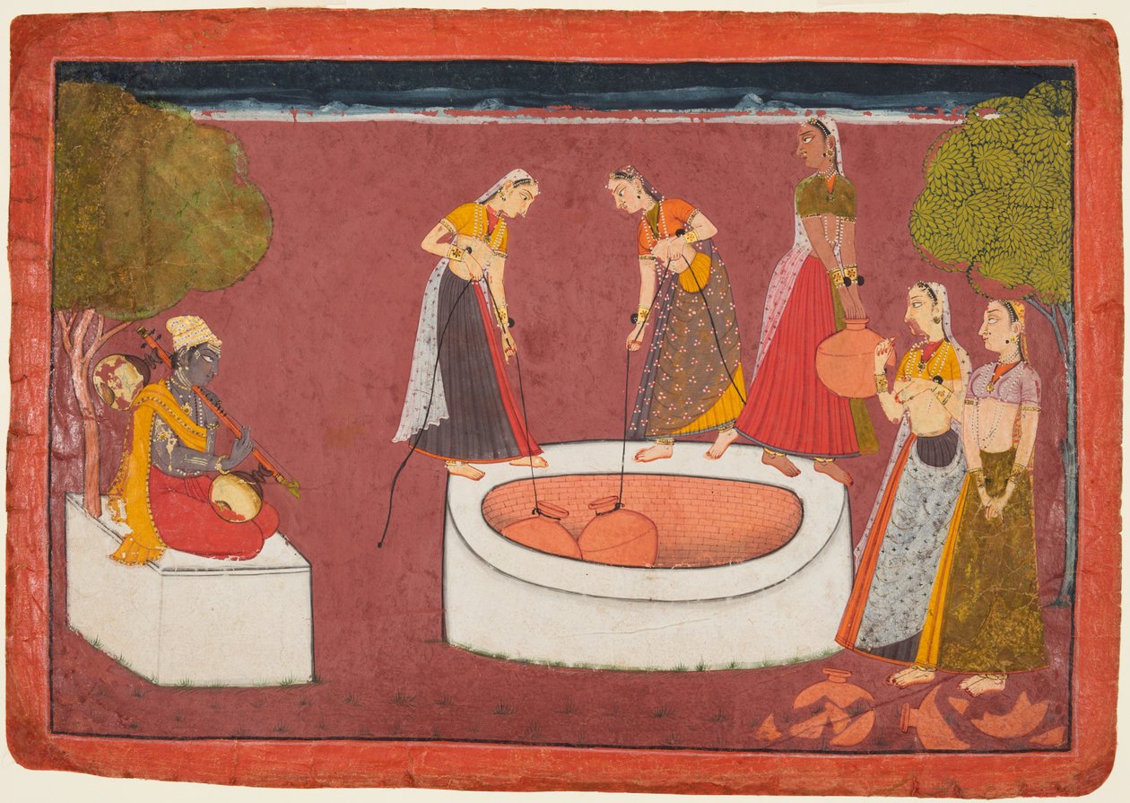 Madhava plays his vina before five women drawing water from a well, from a Madhavanala by Unbekannt