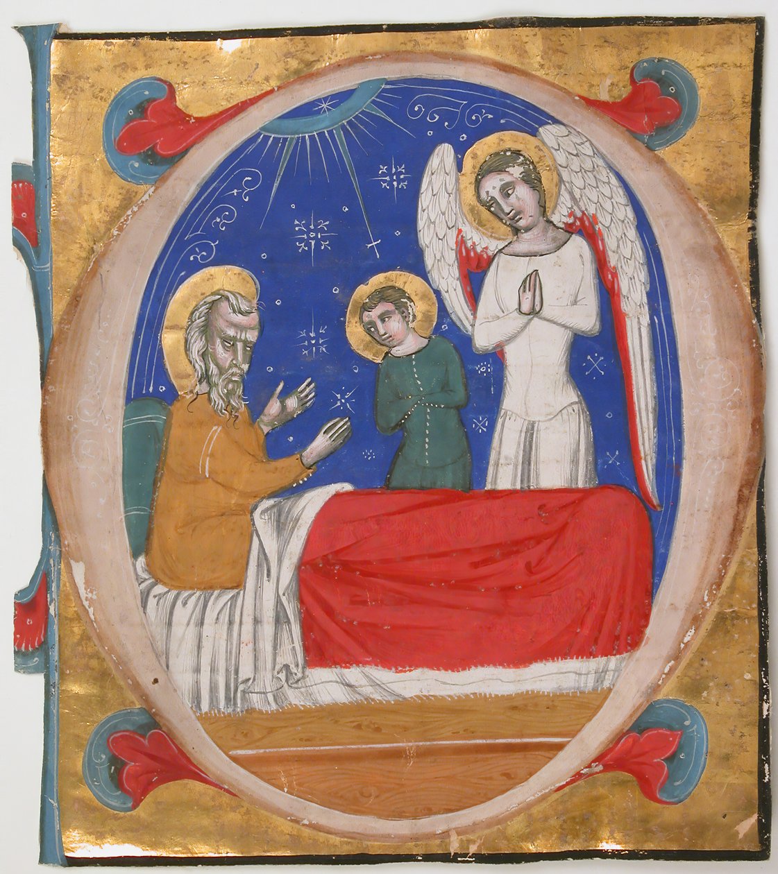 Manuscript Illumination with Tobit, Tobias, and the Archangel Raphael in an Initial O by Unbekannt