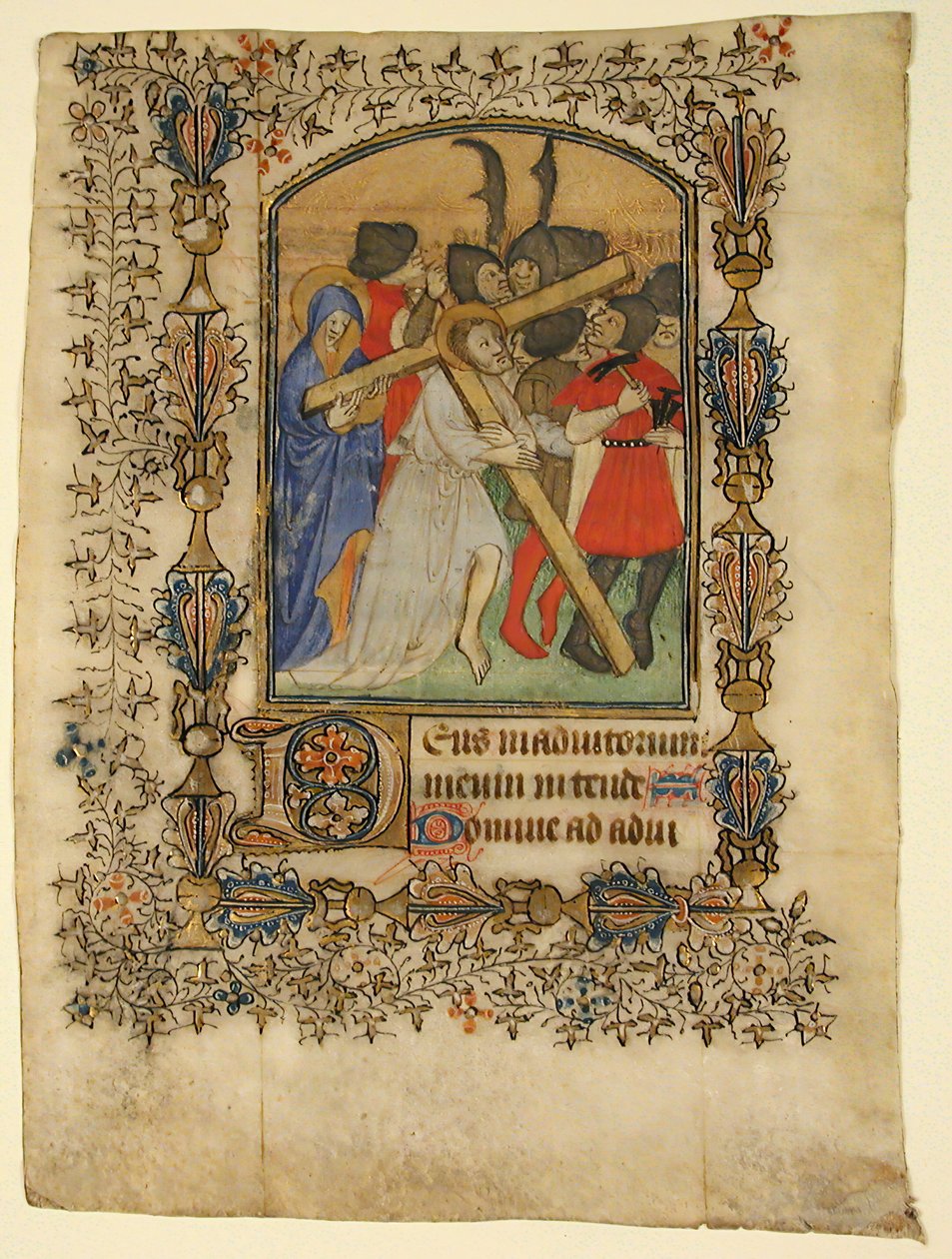 Manuscript Leaf from a Book of Hours Showing an Illuminated Initial D and Christ... by Unbekannt