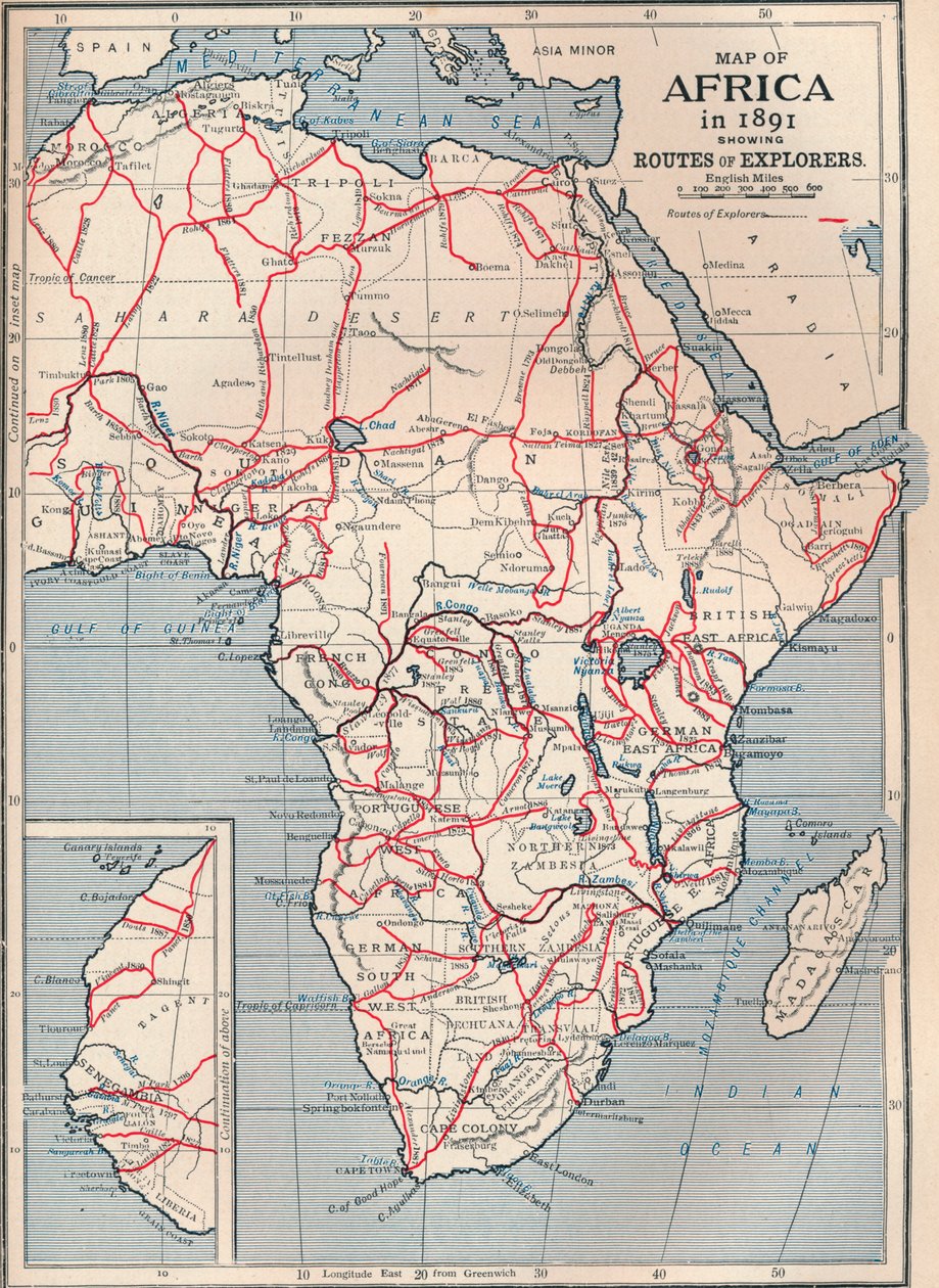 Map of Africa in 1891 showing routes of explorers, 1906 by Unbekannt