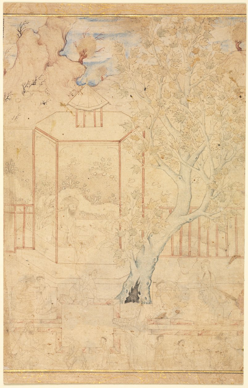 Master and Disciple in a Garden Pavilion, Single Page Illustration by Unbekannt