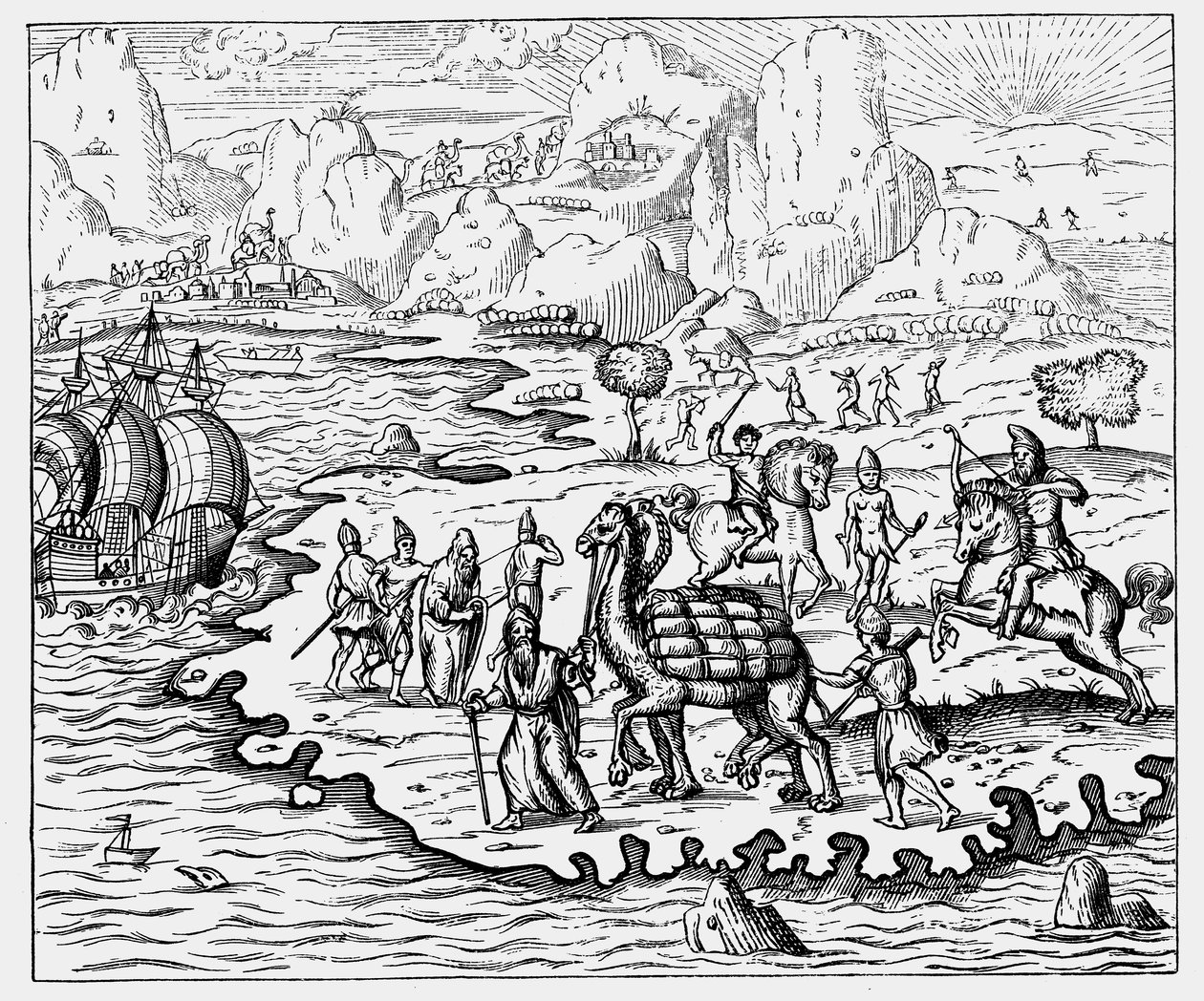 Merchants Transporting Goods to the Coast and a Waiting Vessel by Camel, 1575 by Unbekannt