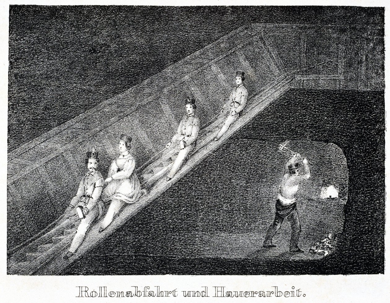 Salt mine: descent system by slide and work of a miner breaking the salt into pieces by Unbekannt