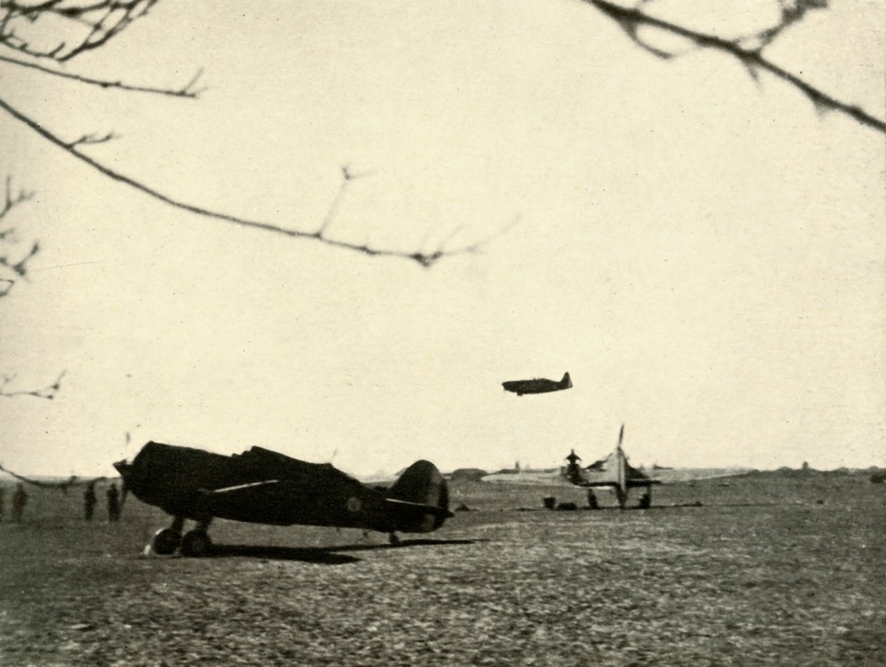 Morane 406 at Vassincourt Aerodrome with French Curtiss Hawk and Hurricane by Unbekannt