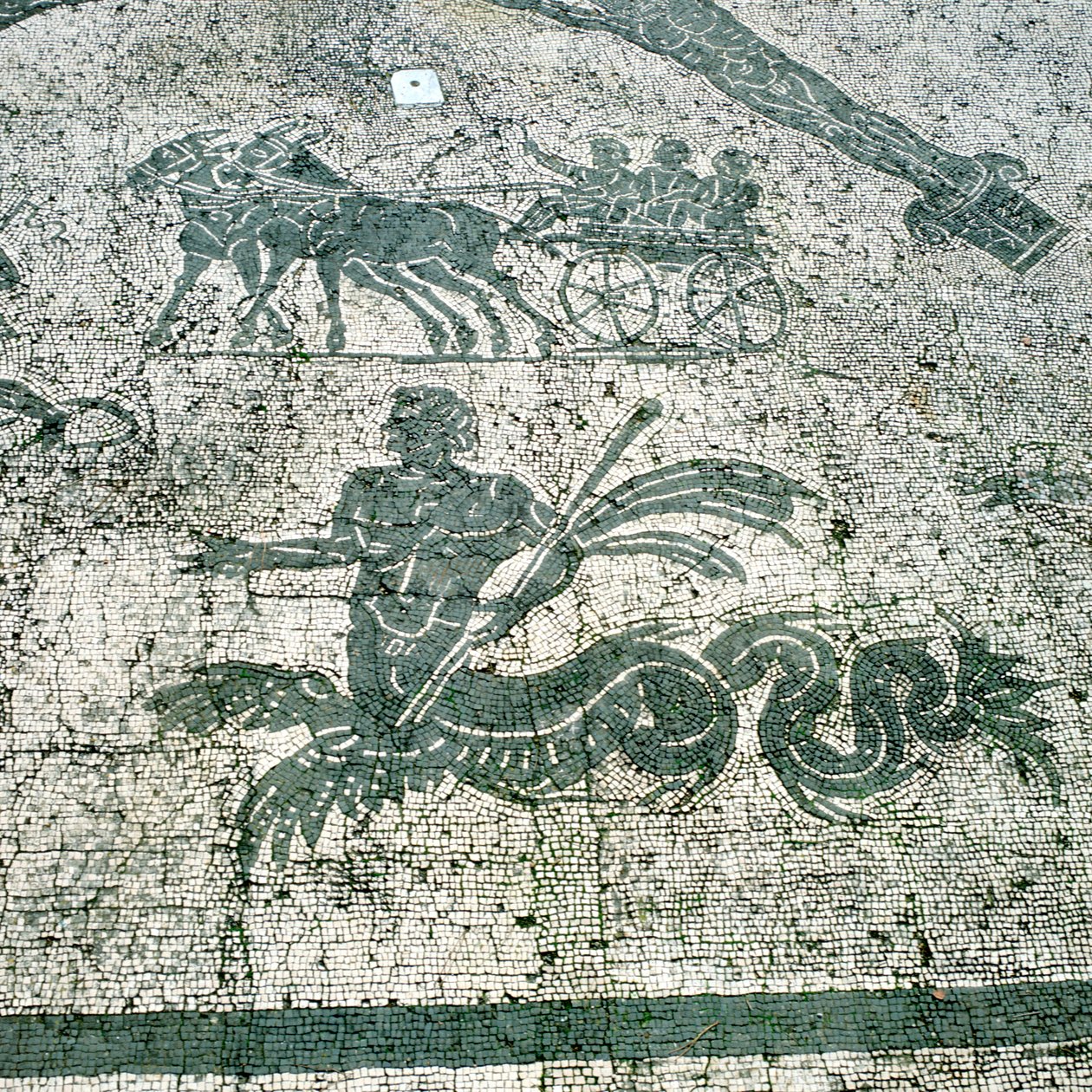 Mosaic, Carts pulled by mules with travellers, Cisarii by Unbekannt