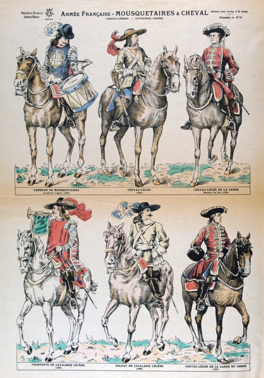 Mousquetaires a Cheval 17th Century. French army uniforms. Colour Lithograph. Private collection by Unbekannt
