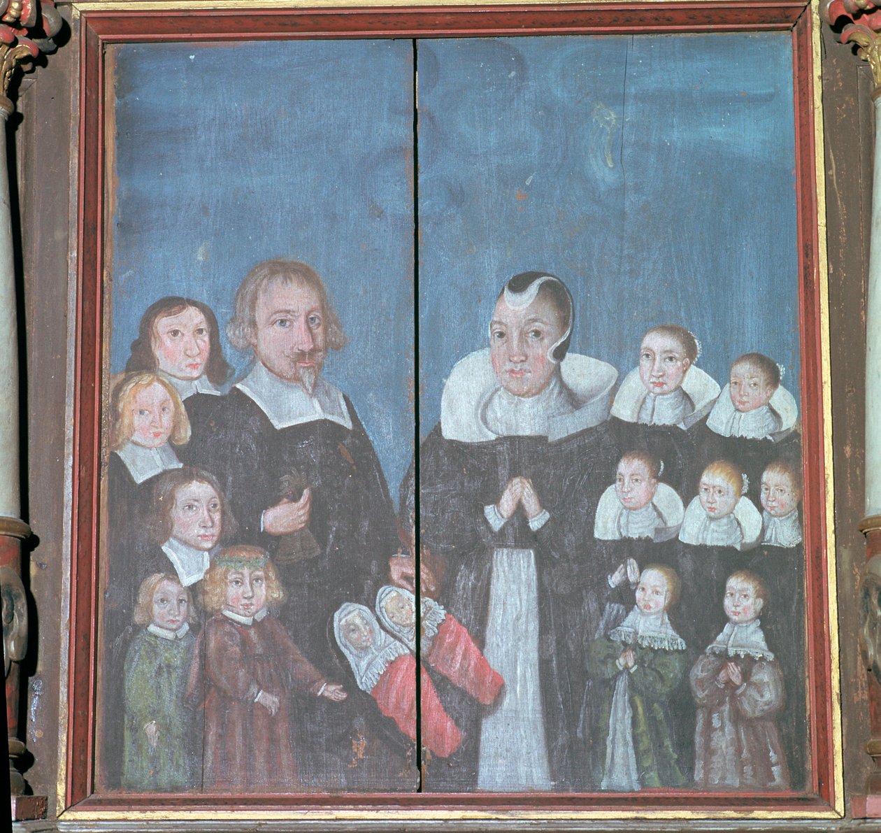Norwegian painting showing a family with fourteen children by Unbekannt