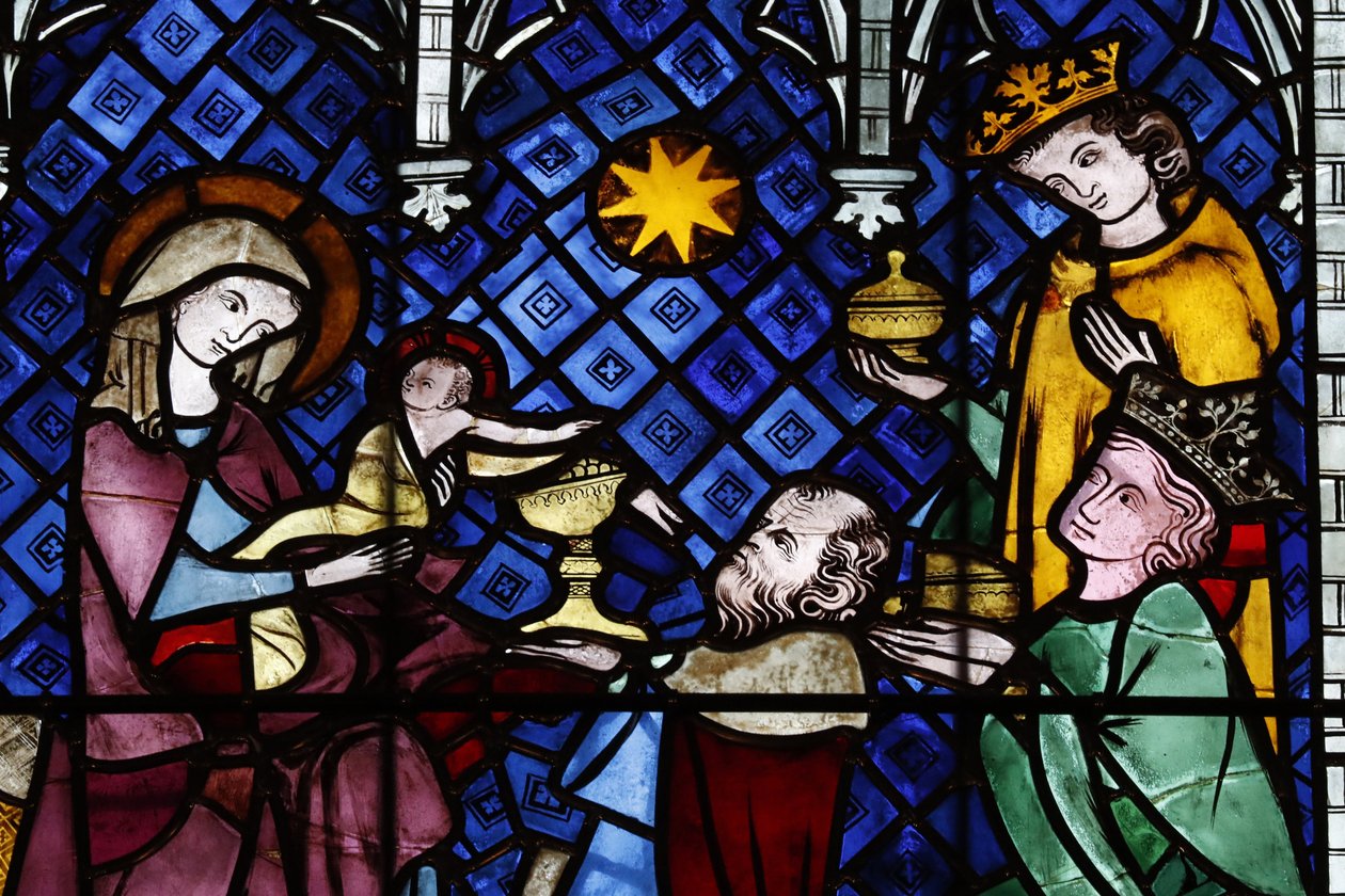 Our Lady of Strasbourg Cathedral Stained Glass Window: The Nativity and Adoration of the Magi, 14th Century, Strasbourg, France by Unbekannt