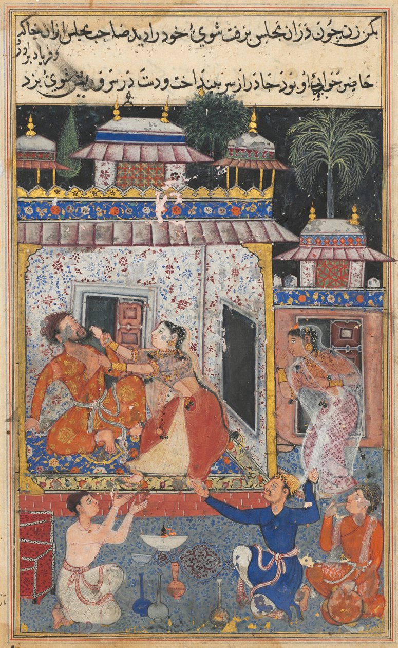 Page from Tales of a Parrot Tuti-nama: Eighth night: The deceitful wife assaults, c. 1560 by Unbekannt