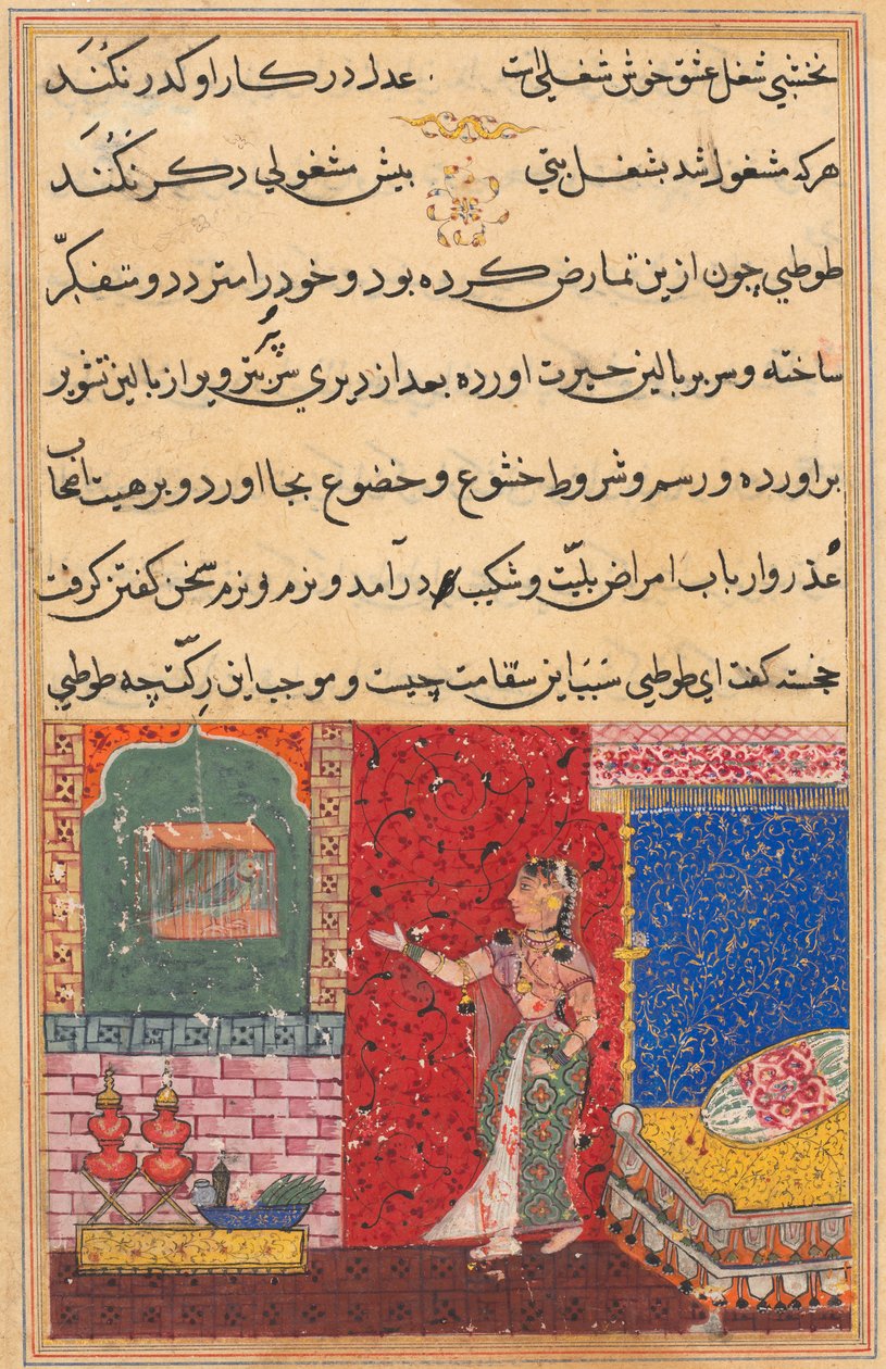 Page from Tales of a Parrot Tuti-nama: Fifteenth night: The parrot addresses Khujasta, 1558-156 by Unbekannt