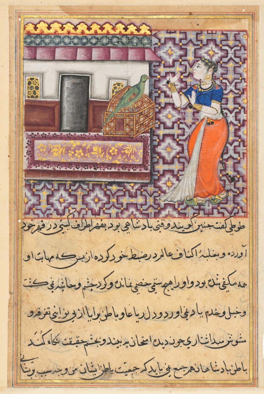 Page from Tales of a Parrot Tuti-nama: Fiftieth night: The parrot addresses Khujasta..., c. 1560 by Unbekannt