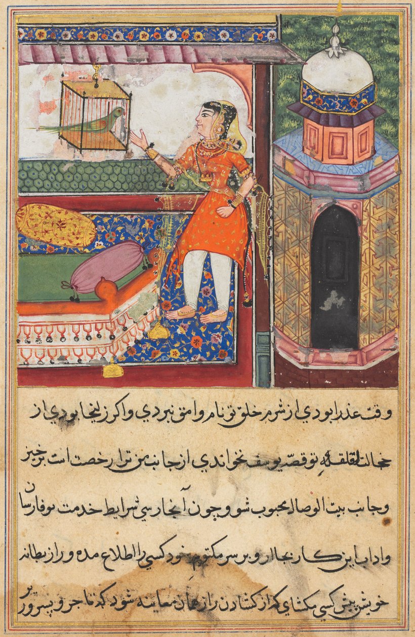 Page from Tales of a Parrot Tuti-nama: Tenth night: The parrot addresses Khujasta, c. 1560 by Unbekannt