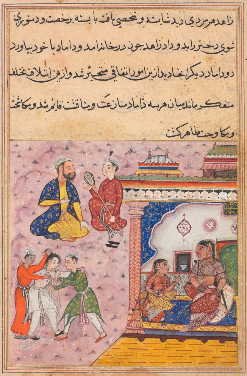 Page from Tales of a Parrot Tuti-nama: Twentieth Night: Three Suitors Fight, c. 1560 by Unbekannt