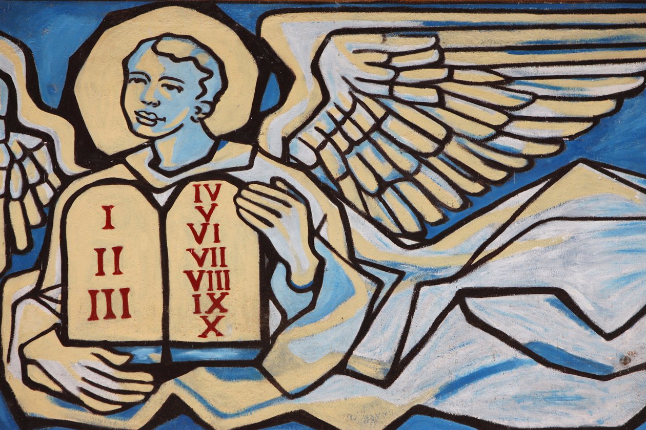 Painting in Our Lady of Togo church: Angel holding the tables of the law, Togoville, Togo by Unbekannt