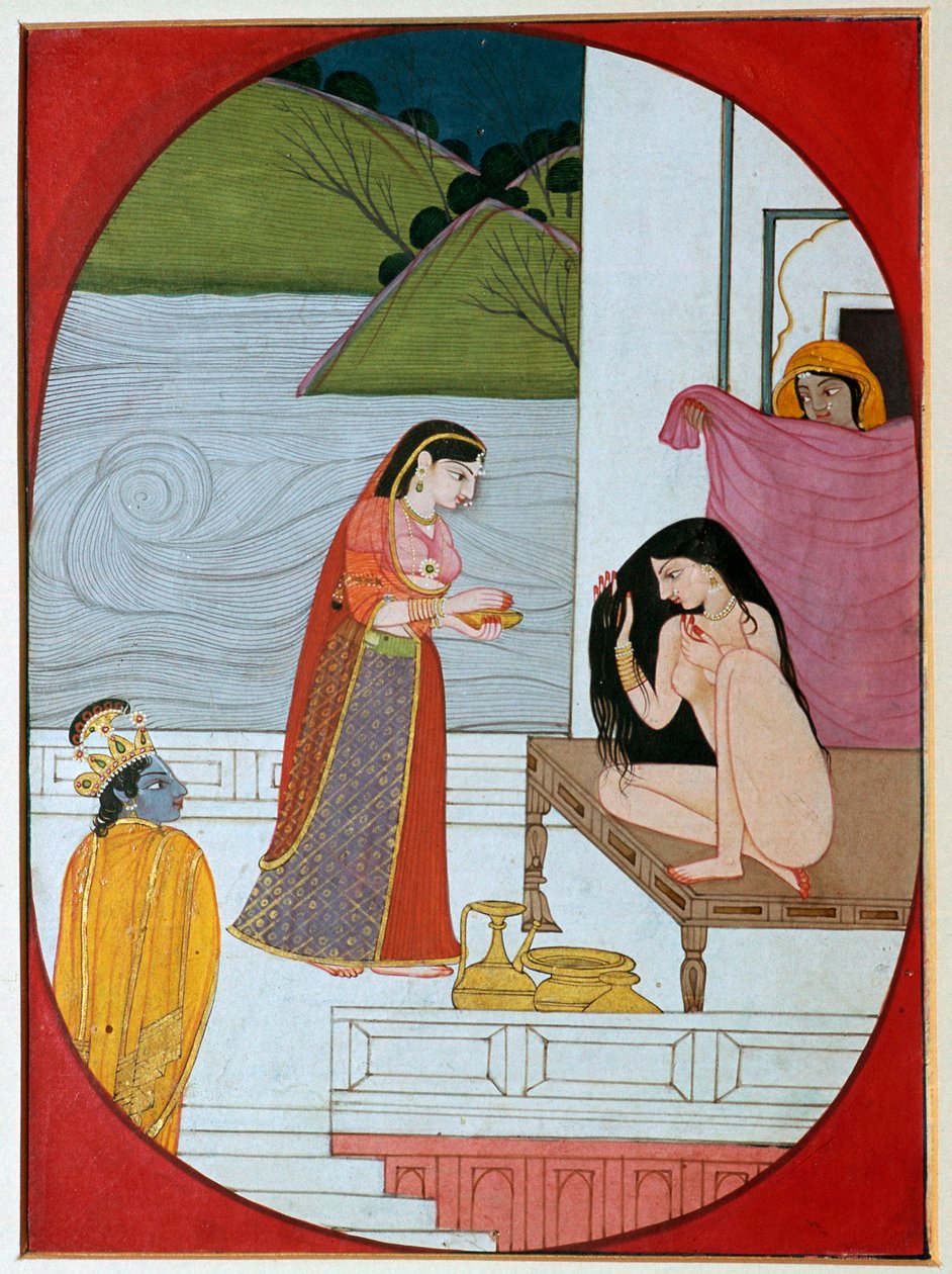 Painting of the god Khrishna watching Radha at her bath by Unbekannt