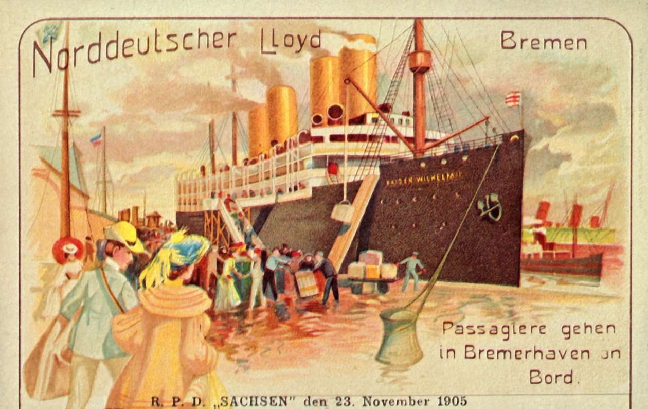 Passengers board the giant SS Kaiser Wilhelm II in Bremerhaven, 1905 by Unbekannt