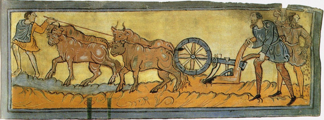 Peasants ploughing Miniature from the Cotton MS Tiberius, 11th century by Unbekannt