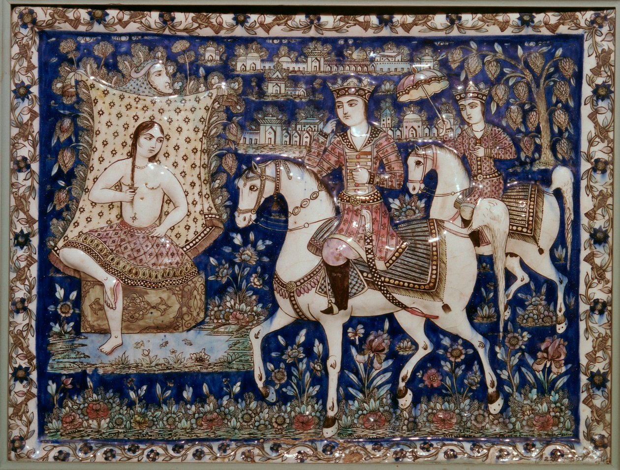Persian Tile Depicting Kushrau Seeing Shirin Bathing, 19th Century by Unbekannt