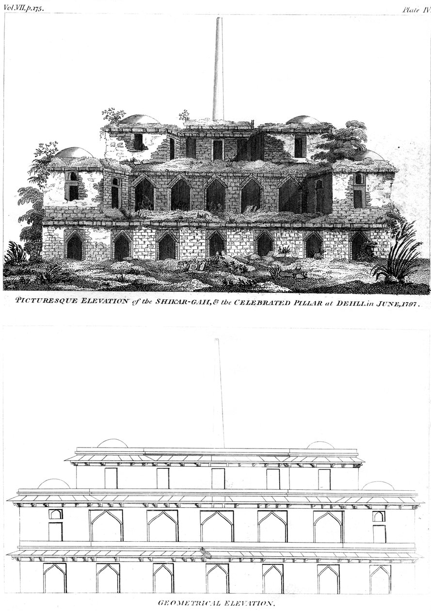 Picturesque Elevation of the Shikar Gah and the Celebrated Pillar at Delhi by Unbekannt