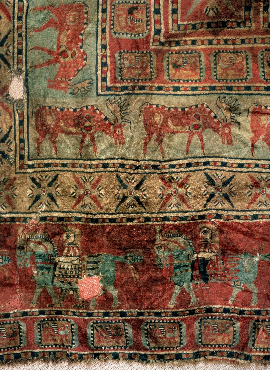 Pile Carpet Detail: Fallow Deers and Horsemen by Unbekannt