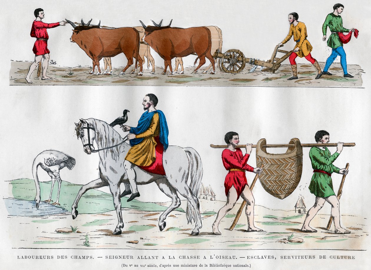 Ploughing, a lord hunting with a bird, a slave, and two servants by Unbekannt