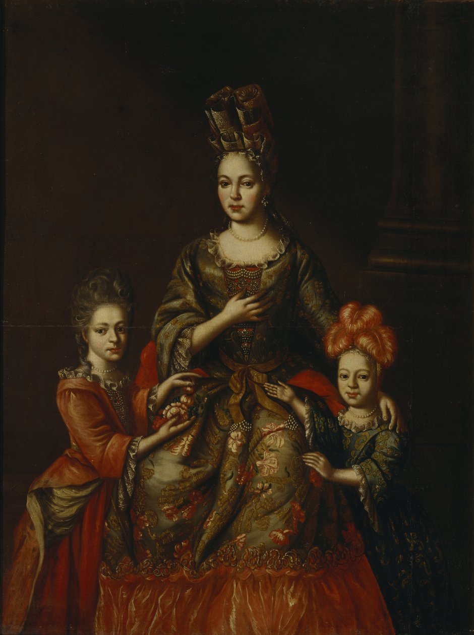 Portrait of Anastasiya Yakovlevna Naryshkina with Children Alexandra Kirillovna and Tatyana Kirillovna by Unbekannt