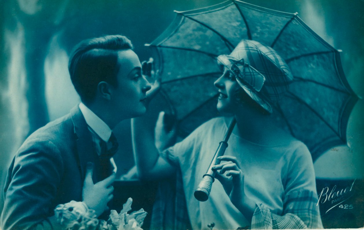 Postcard of Romantic Vintage Couple, in Blue by Unbekannt
