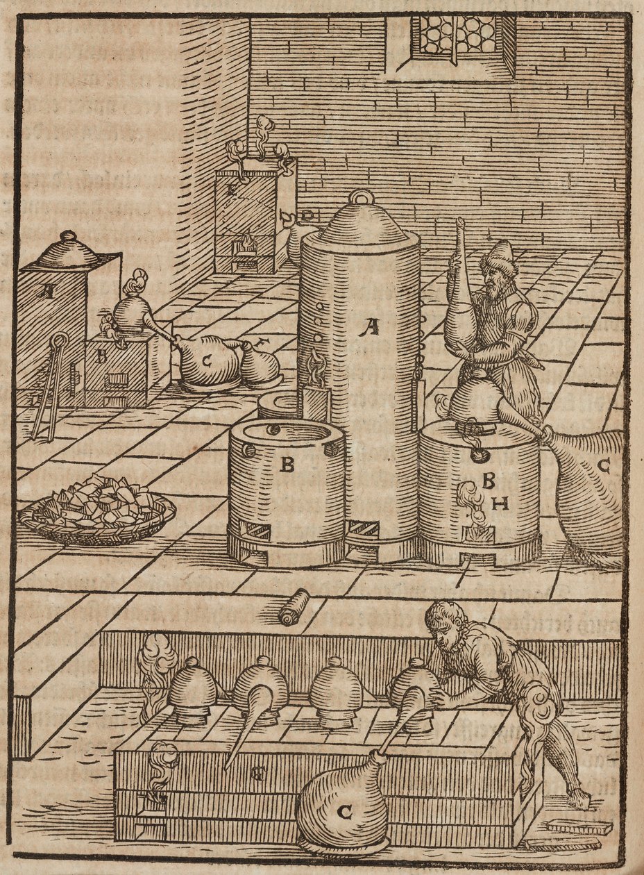 Preparation of Liquids Used to Extract Silver Ore from Gold Ore - Engraving from Description of Ores and Principal Mining Methods, by Lazarus Ecker by Unbekannt