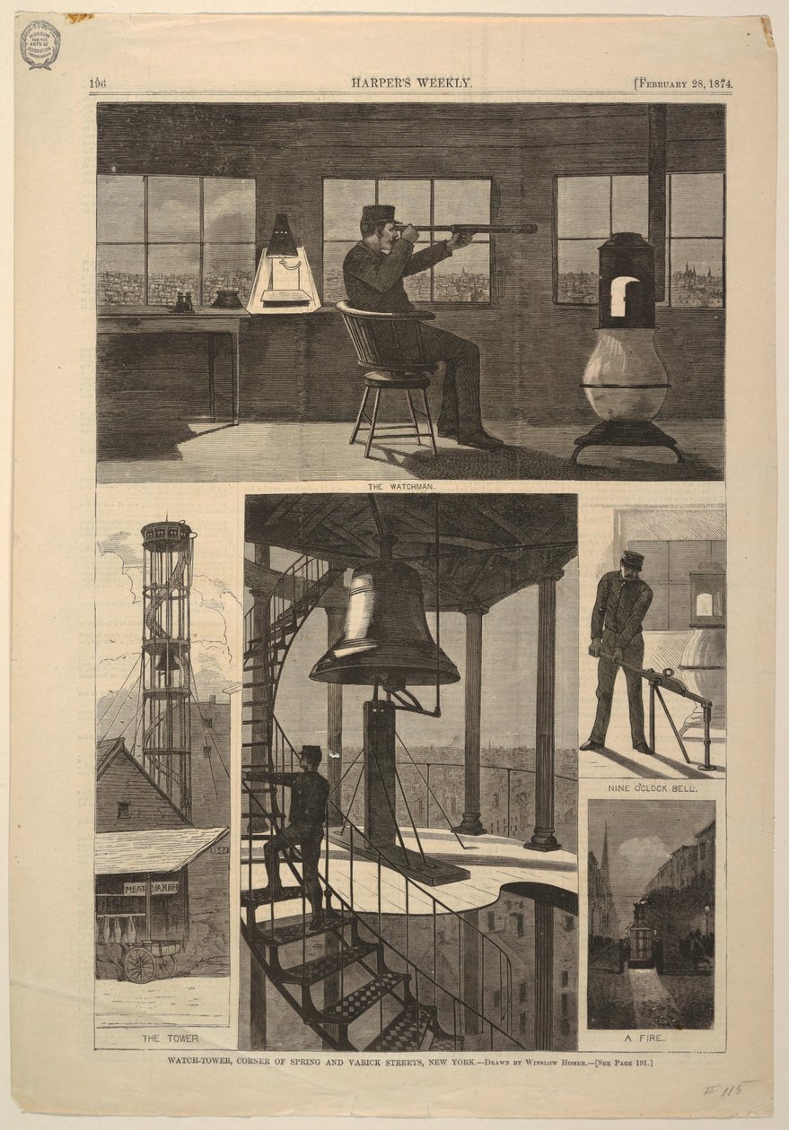 Print, Watch-tower, Corner of Spring and Varick Streets, New York, February 28, 1874 by Unbekannt