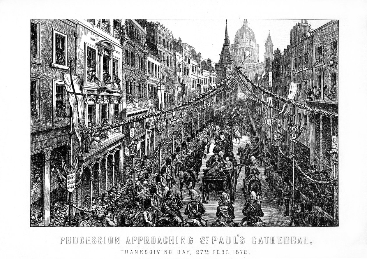 Procession approaching St Pauls Cathedral, Thanksgiving Day, 27 February by Unbekannt