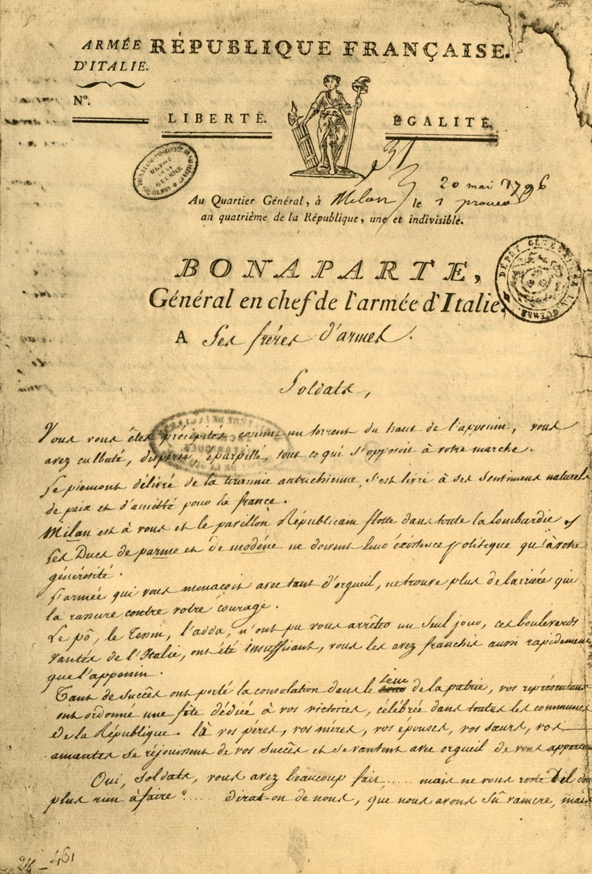 Proclamation by Napoleon to His Brothers in Arms, 20 May 1796 by Unbekannt