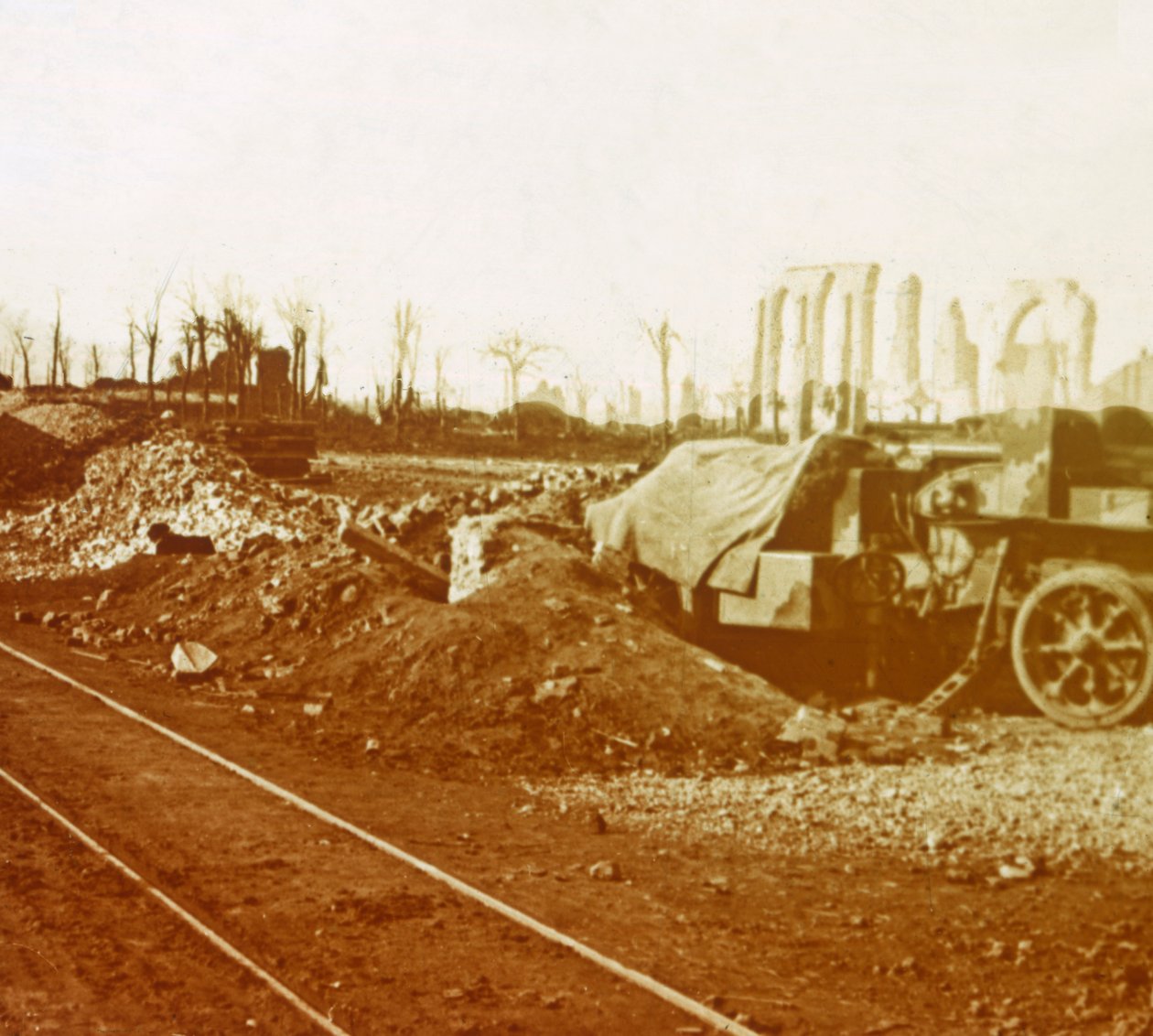 Railway lines at the village of Noordschote, Flanders, Belgium, c1914-c1918 by Unbekannt