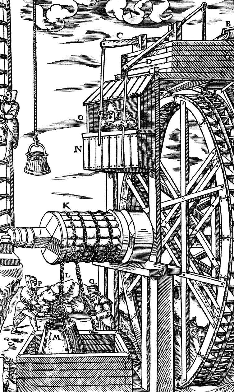 Reversible hoist for raising leather buckets from a mine shaft by Unbekannt