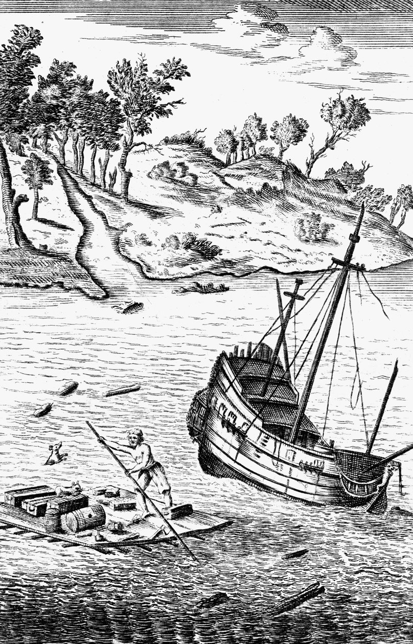 Robinson Crusoe Saving His Goods out of the Wreck of the Ship, c1719 by Unbekannt