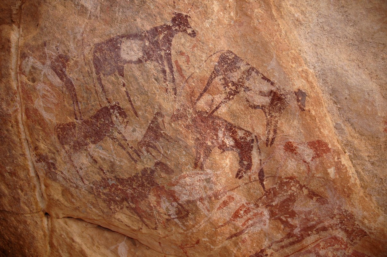 Rock Art, Prehistory: Painting of a Group of Cattle and Characters in an Ornate Shelter, Uweinat Massif, Sudan by Unbekannt