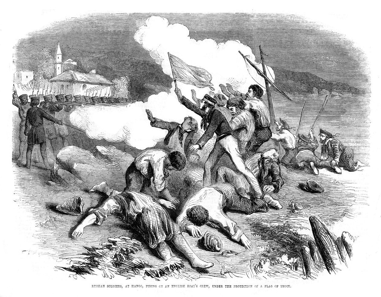 Russian soldiers firing on an English boat