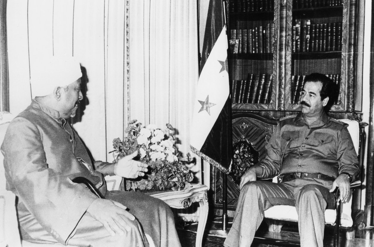 Saddam Hussein at a meeting, Iraq by Unbekannt