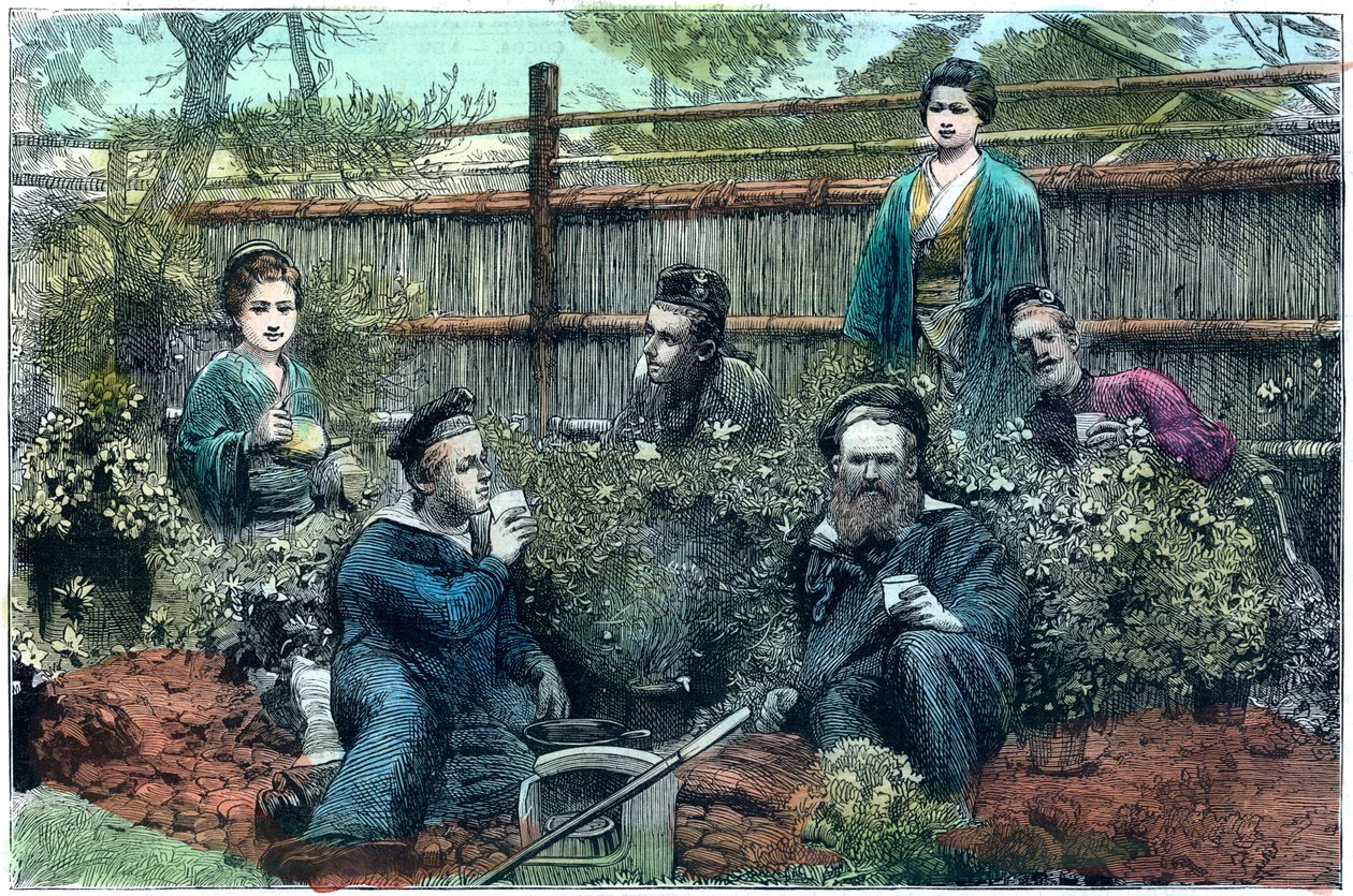 Sailors of HMS Challenger having tea at a tea house near Yokohama, Japan, 1888 by Unbekannt