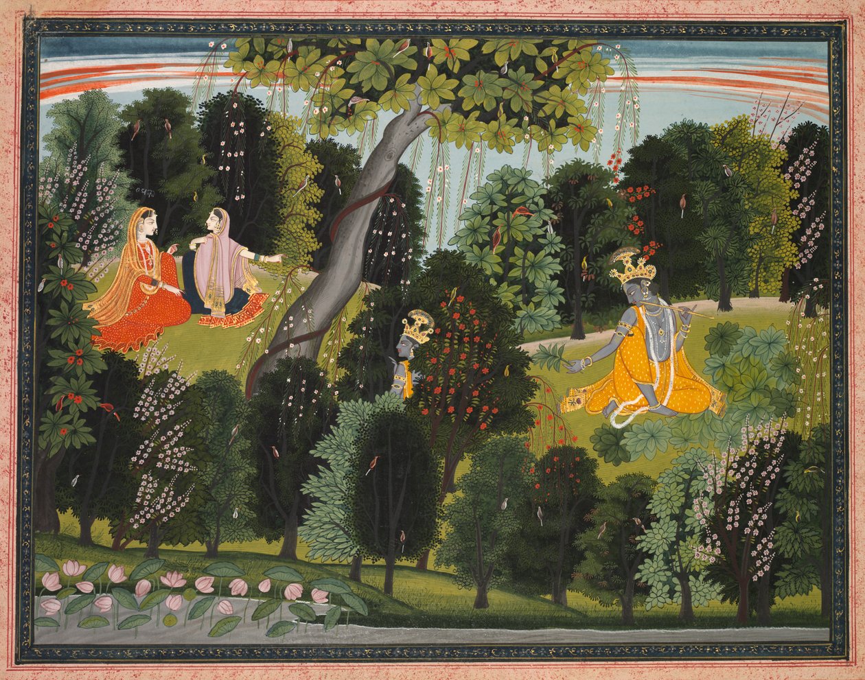 Sakhi Persuades Radha to Meet Krishna, from the Lambagraon Gita Govinda, c. 1820-1825 by Unbekannt