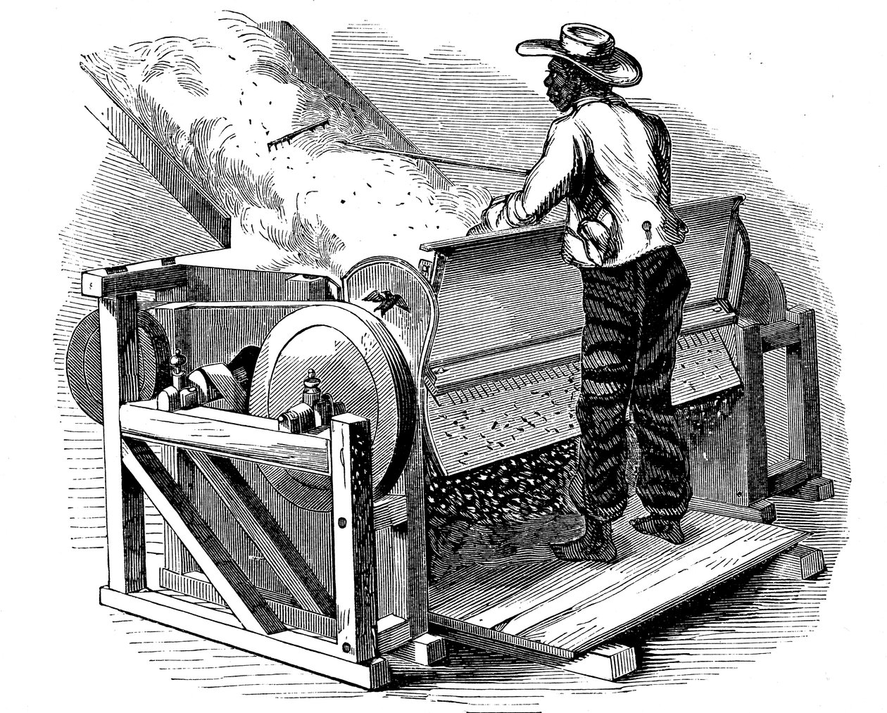 Saw Gin for Cleaning Cotton Operated by Barefoot Black Labourer, Southern USA, 1865 by Unbekannt