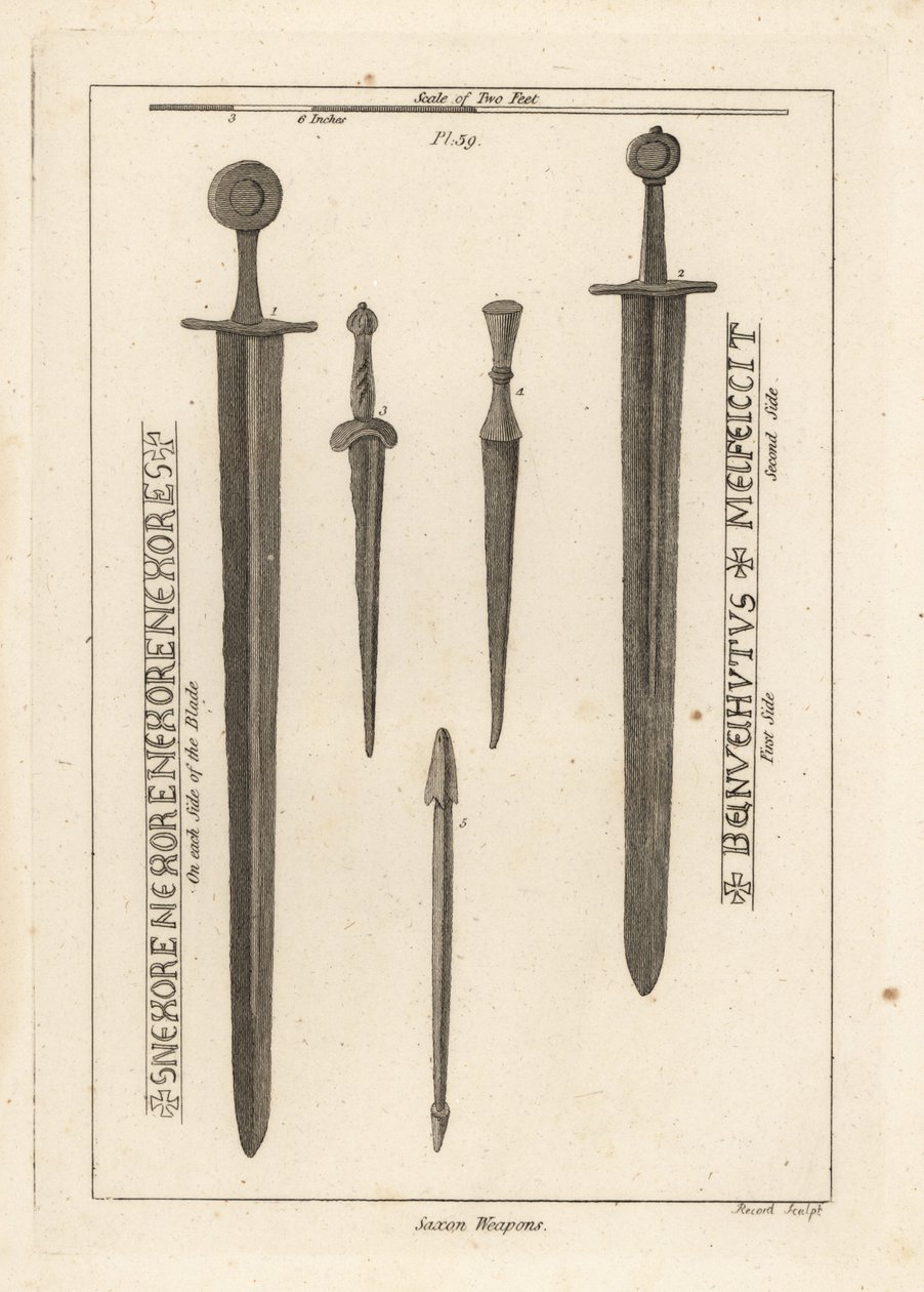 Saxon weapons: ancient iron sword and dirks and daggers found in the River Wytham, Lincolnshire, and a crossbow bolt found in the camp at Danbury, Essex by Unbekannt