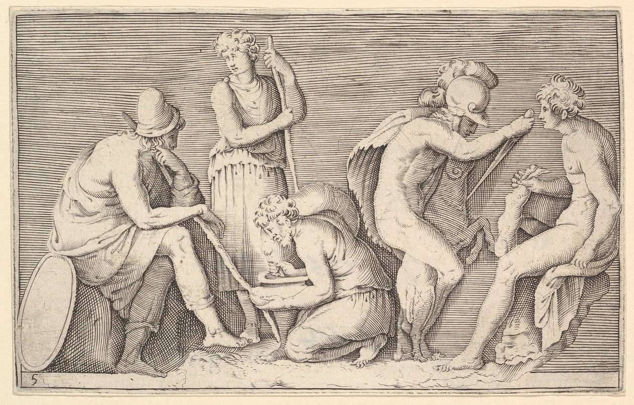 Scene of Sacrifice with Warrior Killing Ram and Four Other Figures by Unbekannt