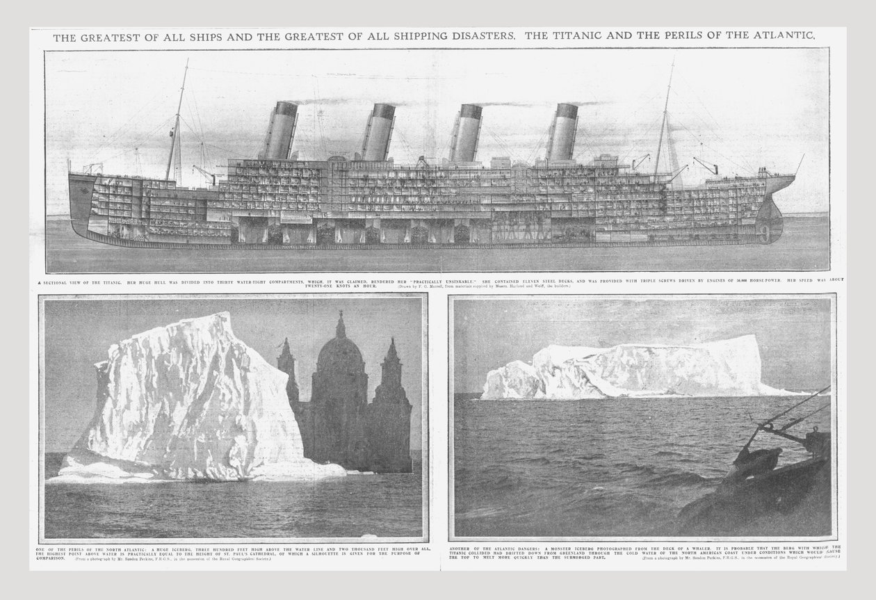 Sectional diagram of the Titanic, and icebergs, April 20, 1912 by Unbekannt