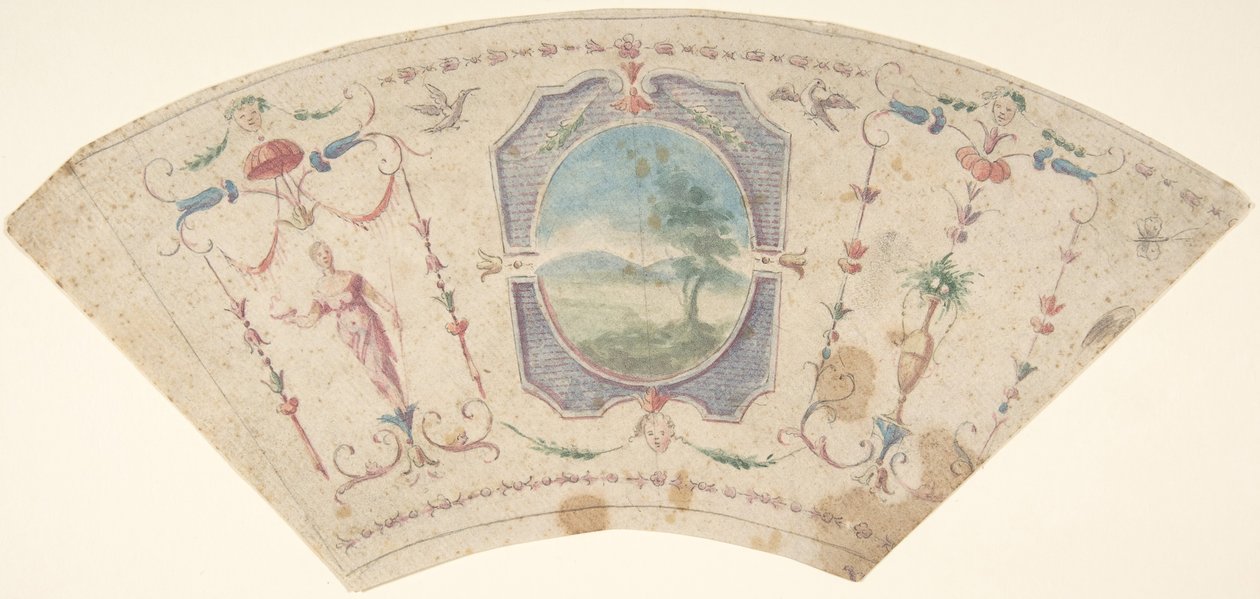 Semi-Circular Design with Grotesques and a Central Medallion containing a Landscape by Unbekannt